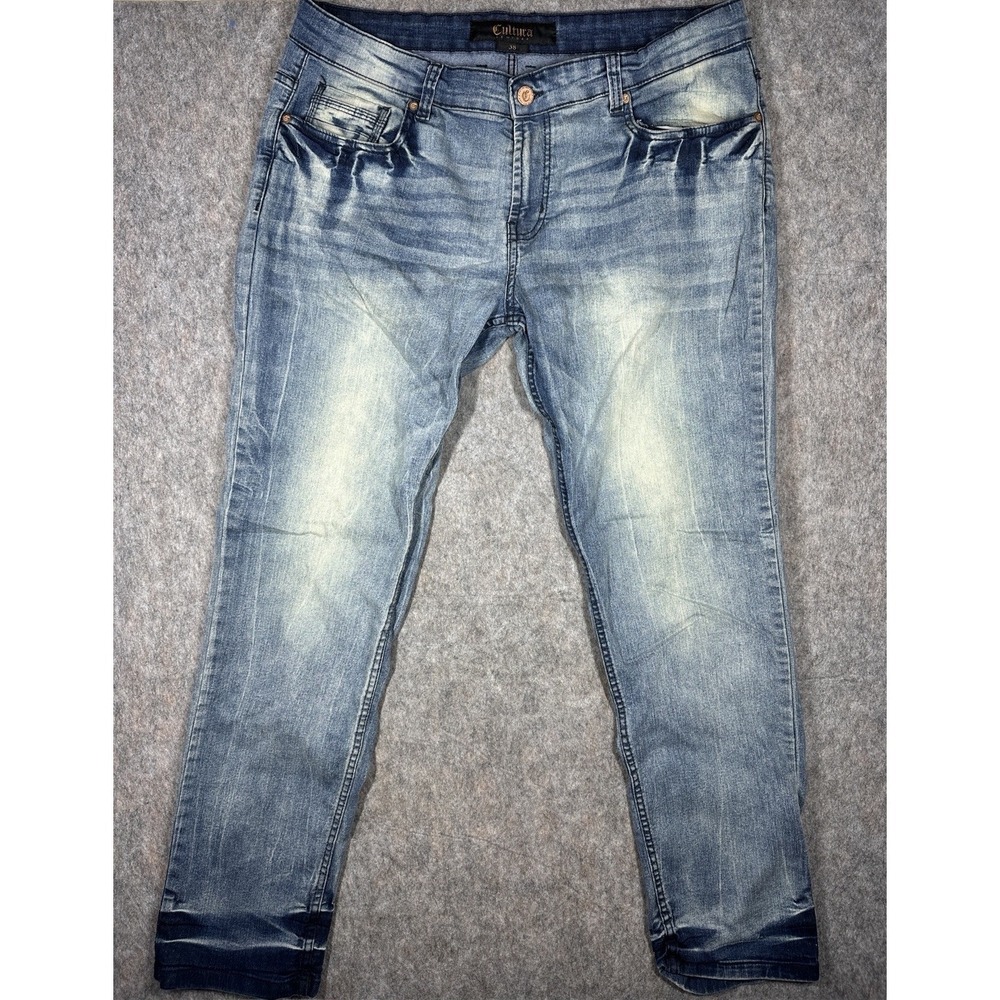 Cultura New York Mens Blue Distressed Stretch Jeans Size 38 Slim Fit Faded Wash